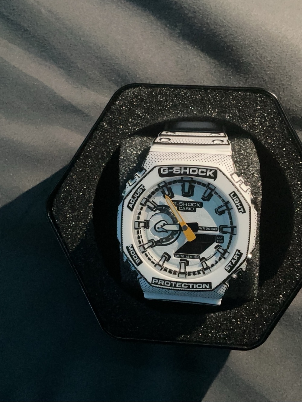 G-Shock White and Black Analog-Digital Watch with Yellow Accent